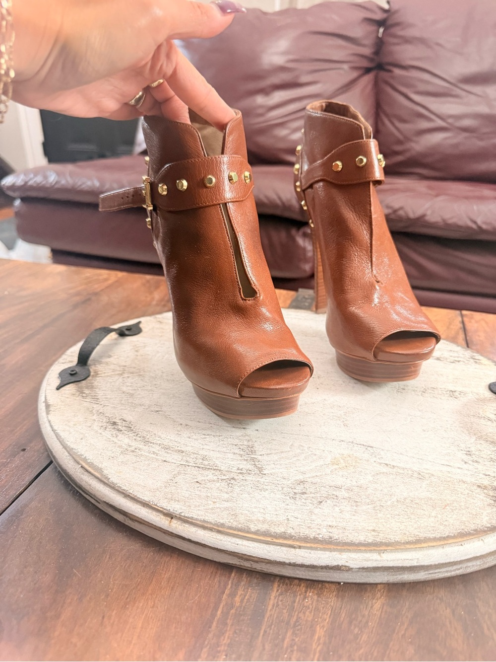 Michael Kors Brown Leather Studded Peep Toe Platform Ankle Boots Heels Size 7.5